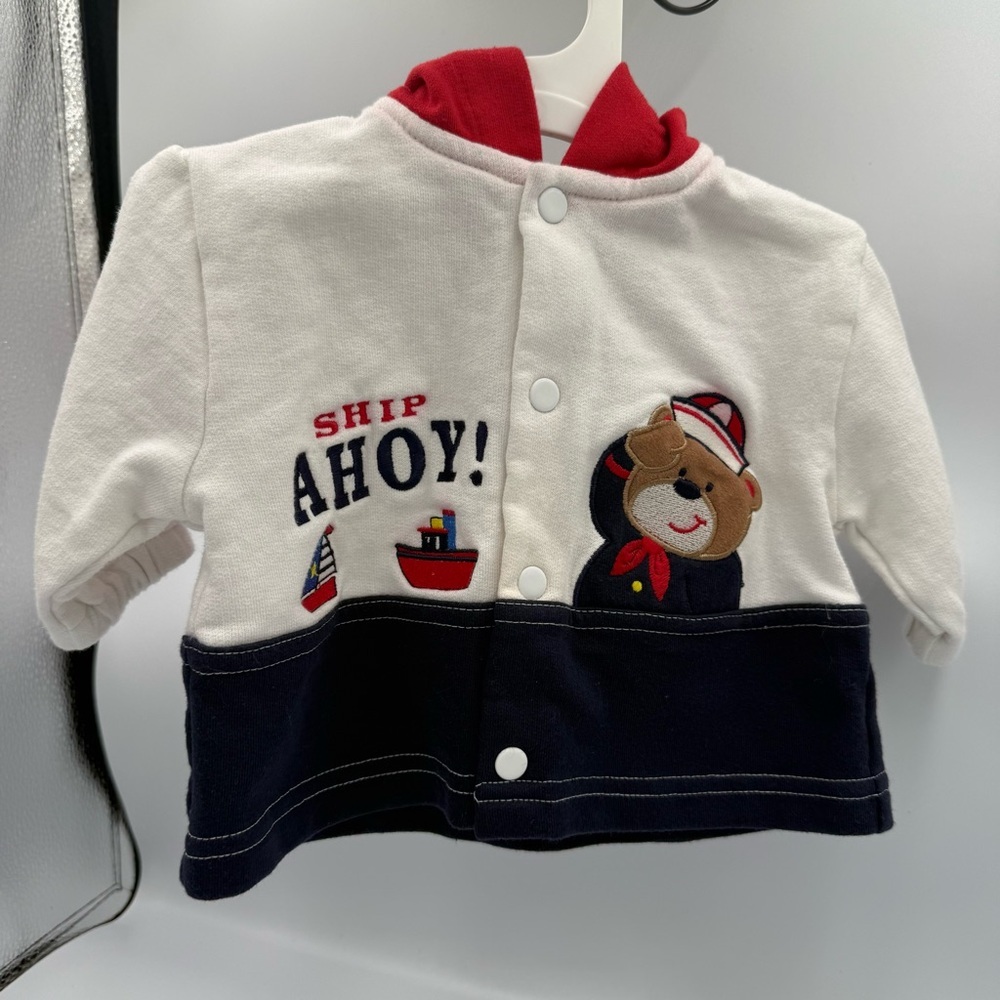 Vintage Infant Boy Ships Ahoy‎ Bear Themed Snap up Hoodie 3-6 Months 100% Cotton